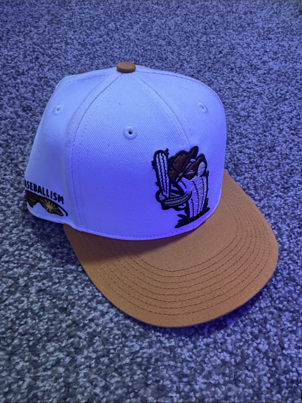 Kids Two-Tone White and Tan Snapback Hat with Baseball Patch